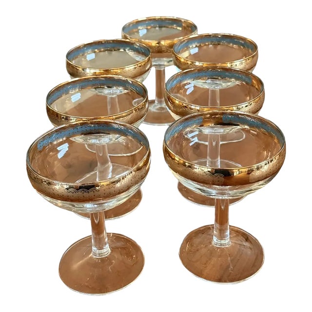 Mid 20th Century French Champagne Coupes Blue Enamel Interior Gold Encrusted - Set of 8 For Sale