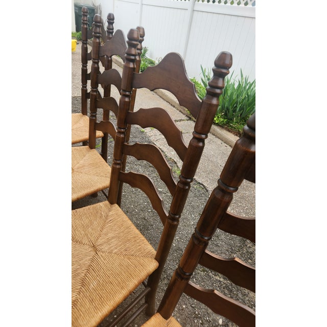 Brown Set of 6 Vintage Ladder Back Dining Chairs With Rush Seats, French Country Cottage Style For Sale - Image 8 of 18