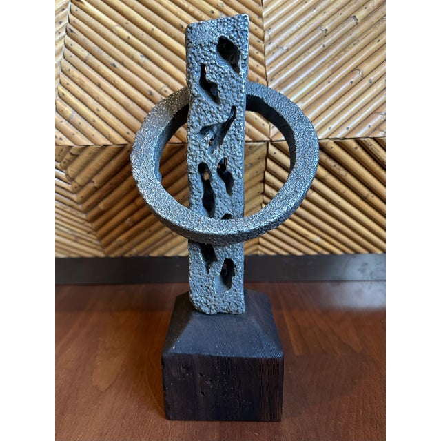 Vintage Signed 13” Hand Hammered Blackwashed Metal Sculpture on Wood Base in a Western Industrial Style For Sale - Image 17 of 17