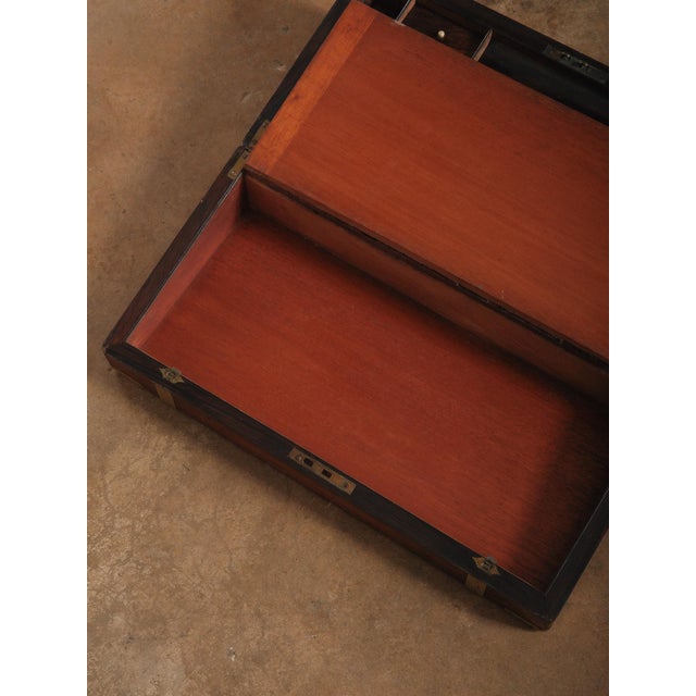 Vintage Brass Bound Campaign Writing Slope Lap Desk With Velvet Interior Storage Compartments Folding Travel Writing Box For Sale - Image 11 of 14