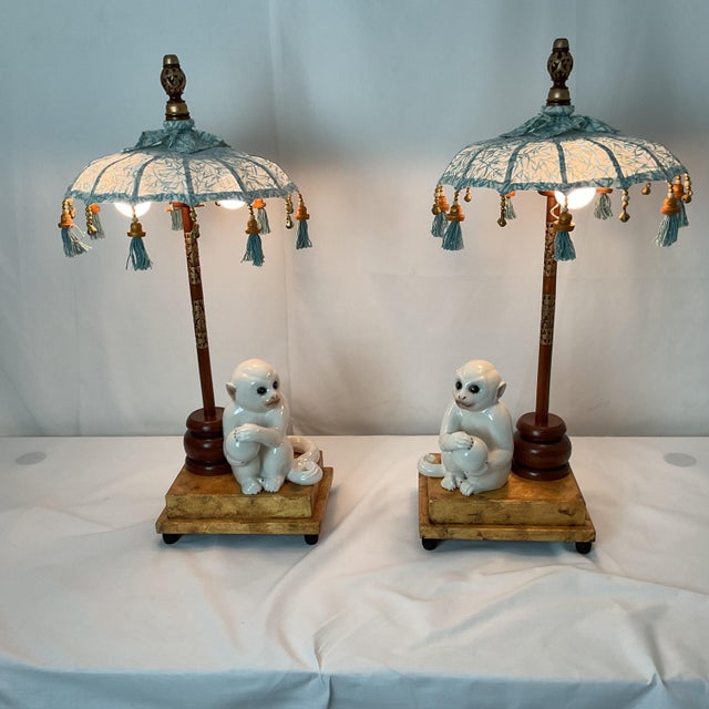 Italian Porcelain Monkey/Parisol Lamps With Gold Leaf Bases For Sale - Image 9 of 15