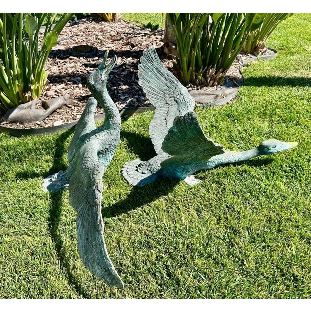 1920s Pair of Large Japanese Bronze Garden Duck Sculptures – Verdigris Patina, Life-Size Waterfowl Statues For Sale In San Diego - Image 6 of 18