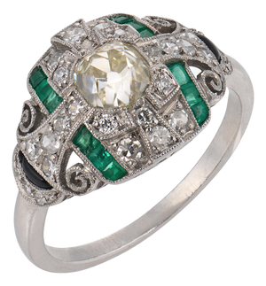 1930s Art Deco Diamond Emerald Onyx Platinum Ring, Size 6