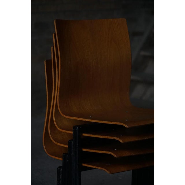 Industrial Stackable Chairs in Black Metal and Oak attributed to Niels Larsen, 1960s, Set of 6 For Sale - Image 16 of 18