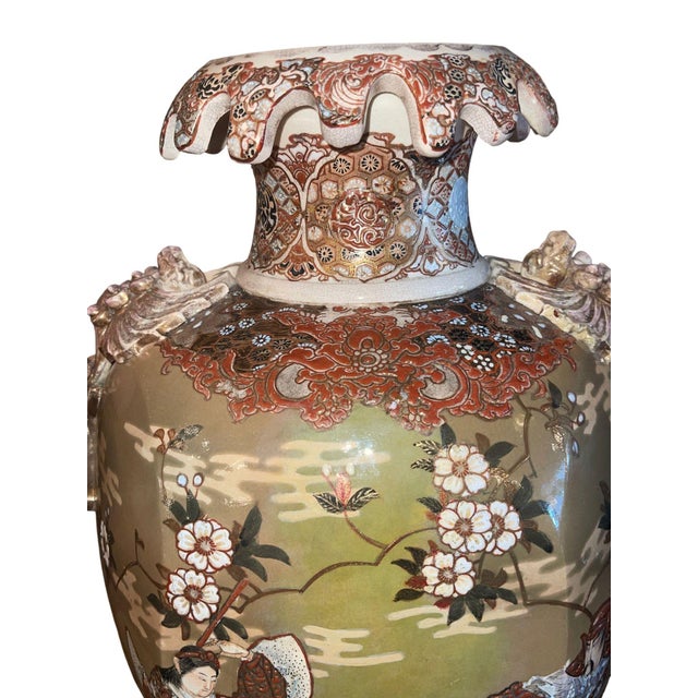 Japanese Large Antique Japanese Satsuma Earthenware Floor Vase Meiji Style, Early 20th C. For Sale - Image 3 of 11