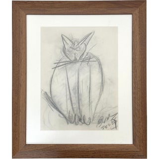 Dutch Artist, Expressive Cat, Pencil Drawing, 1966, Framed For Sale