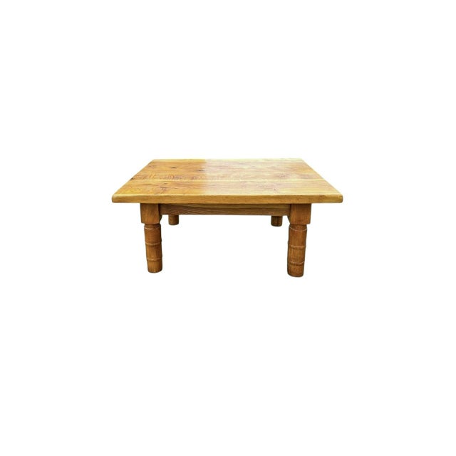 Brutalist style solid oak coffee table with mortise and tenon joinery and block legs with turned ring details. Beautiful...