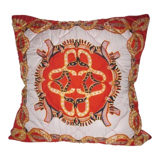 Vintage Hermes-Style Orange Silk Twill Scarf Pillow Cover For Sale