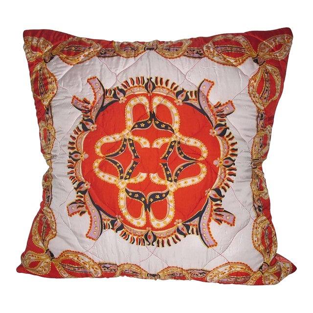 Vintage Hermes-Style Orange Silk Twill Scarf Pillow Cover For Sale