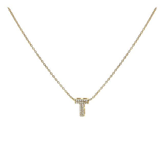 10K Yellow Gold Diamond Accent "T" Initial Bubble Pendant Necklace For Sale