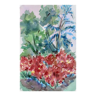 Red Dahlia Garden Landscape by Doris Warner For Sale