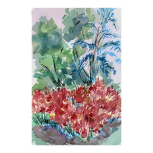 Red Dahlia Garden Landscape by Doris Warner