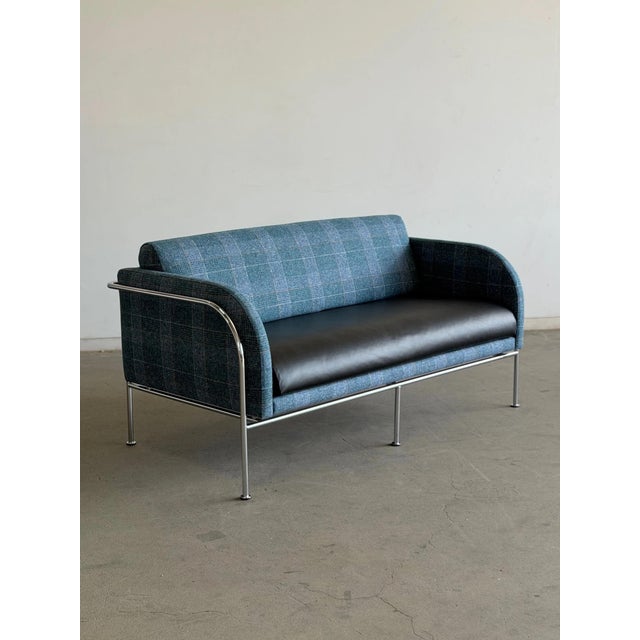 1990s 1970's Danish Loveseat by Friis & Elmar Moltke Nielsen for Randers Denmark in Leather and Blue Plaid For Sale - Image 5 of 12