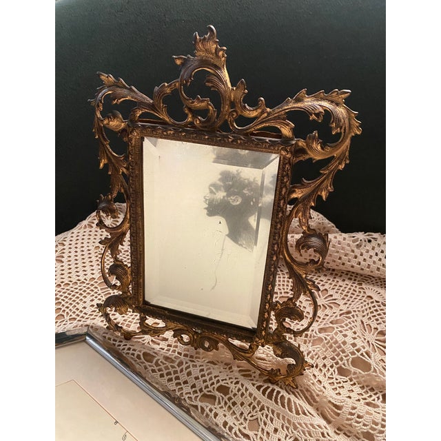 Metal Antique Ornate Brass Vanity Mirror With Scrolling Acanthus Leaf Frame. For Sale - Image 7 of 8