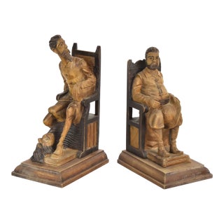 Vintage 1970s Don Quixote and Sancho Panzo Handcarved Wood Sculptural Bookends - Set of 2 For Sale