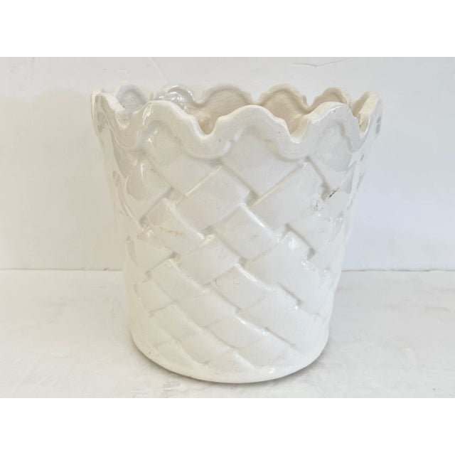 Hollywood Regency Faux Woven Basket Ceramic Cachepot For Sale - Image 3 of 10