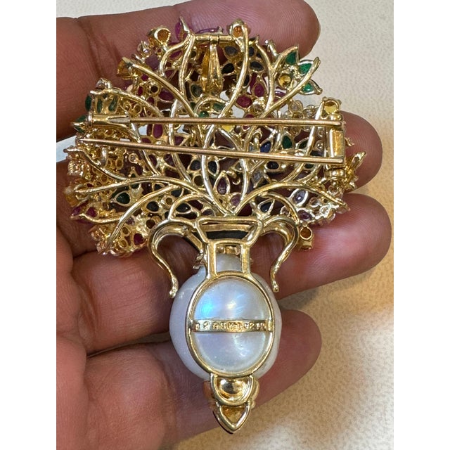 Arts & Crafts Estate Ruby Sapphire Emerald Diamond & Pearl 18 K Gold Flower Basket Brooch/ pin For Sale - Image 3 of 18