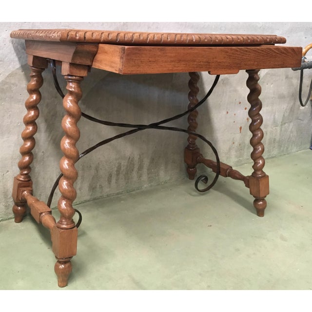 19th Spanish Farm Table With Iron Stretchers, Hand-Carved Top and Drawer For Sale In Miami - Image 6 of 13