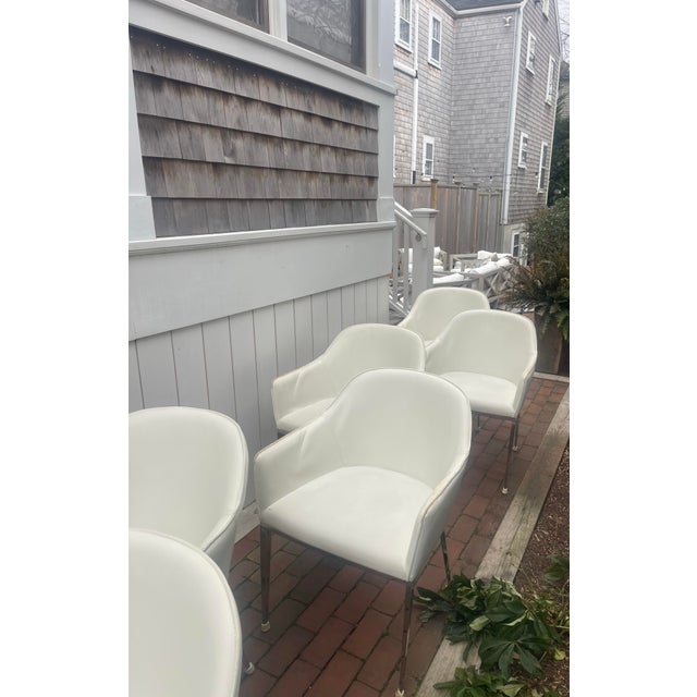 2010s Set of 12 Sunpan Modern White Upholstered Dining Chairs With Chrome Legs (2017) For Sale - Image 5 of 12