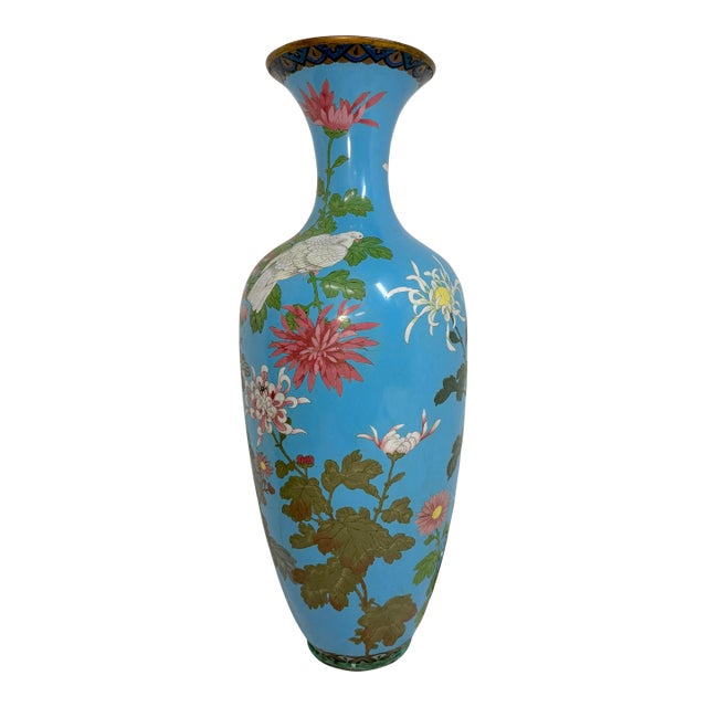 Huge Antique 19th Century Japanese Meiji Cloisonne Enamel Baby Blue Palace Vase For Sale