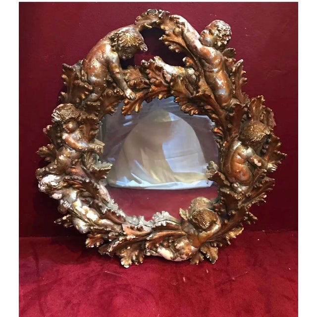 Baroque 19th Century Italian Distress Gilt Mirror Frame With Cherubs Wreath For Sale - Image 3 of 8