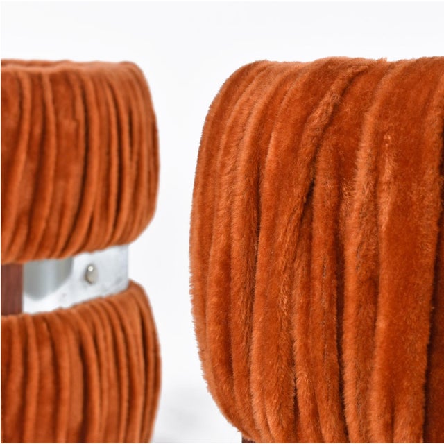 Burnt Orange Pair of 1970s Burnt Orange Draped Round Side Tables With Mirror Glass Tops For Sale - Image 8 of 9