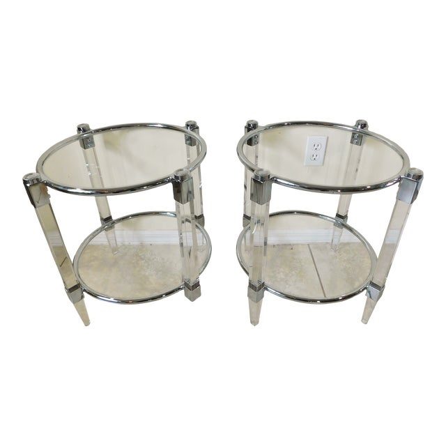 Pair Round Lucite & Chrome Metal Side/End Table Bases For Sale