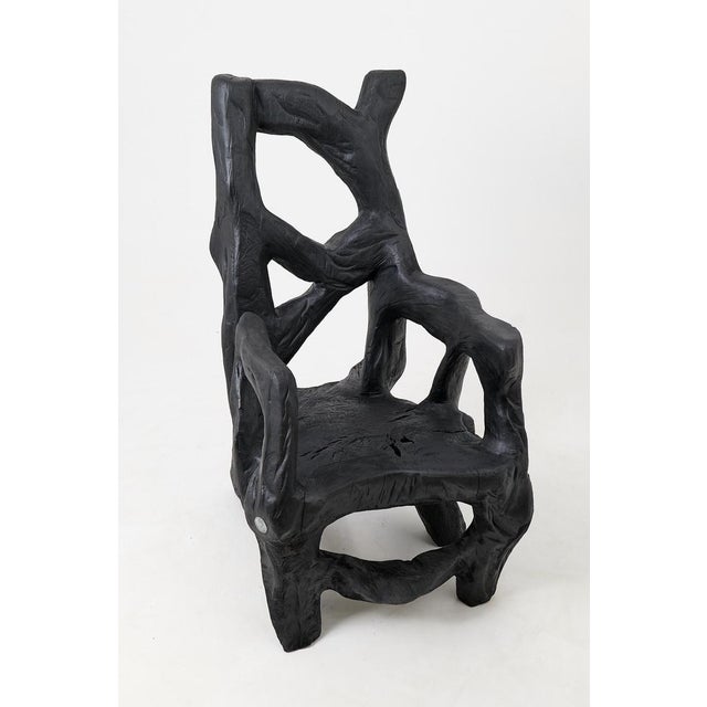 Brutalist Sculptural Armchair in Burnt Oak Wood by Logniture For Sale - Image 16 of 17