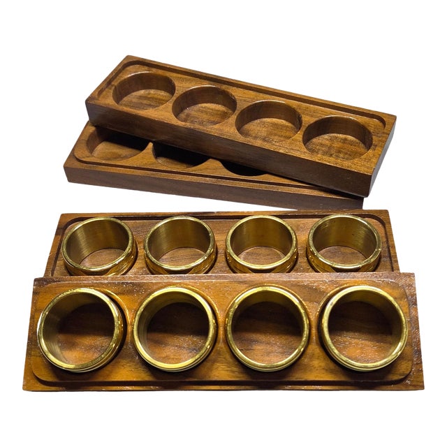 Vintage Solid Brass Banded Napkin Rings W Wooden Box - Set of 8 For Sale