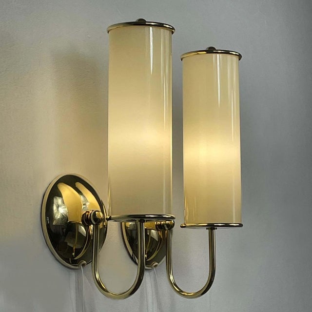 Art Deco Tubular Opaline Glass & Brass Sconces, Germany, 1930s, Set of 2 For Sale - Image 4 of 15