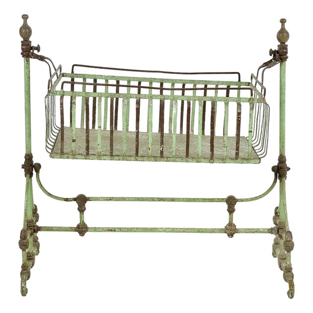 Antique Cradle in Cast Iron and Patinated Green Metal For Sale