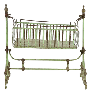 Antique Cradle in Cast Iron and Patinated Green Metal