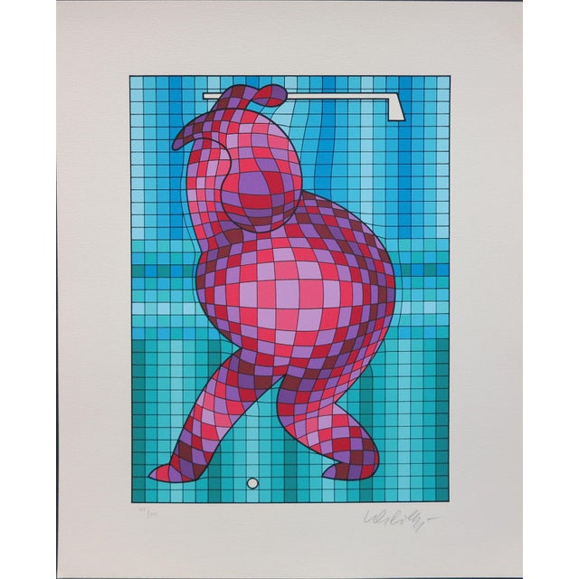 Op Art 1989 Vintage Victor Vasarely the Golfer LTD Serigraph, Hand Signed Art in Turquois For Sale - Image 3 of 8