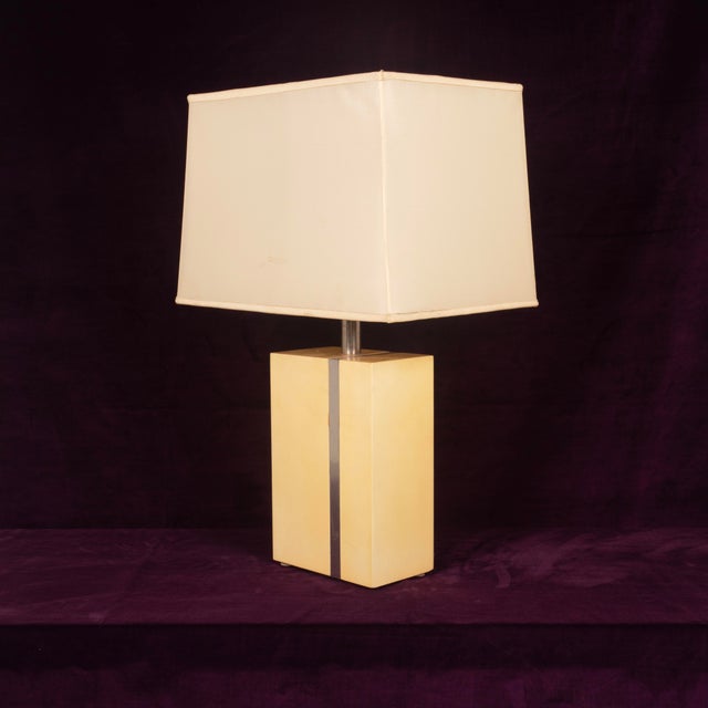 Cream Tommaso Barbi Parchment and Metal Geometric Table Lamp by Aldo Tura Production For Sale - Image 8 of 17