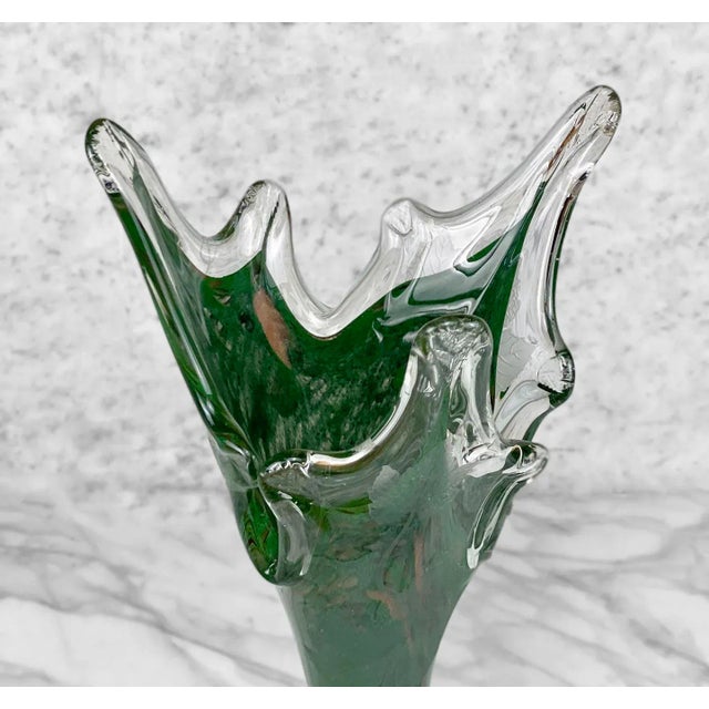 Vintage Large Italian Green Art Glass Etched Grapevine Stretch Vase For Sale - Image 4 of 10