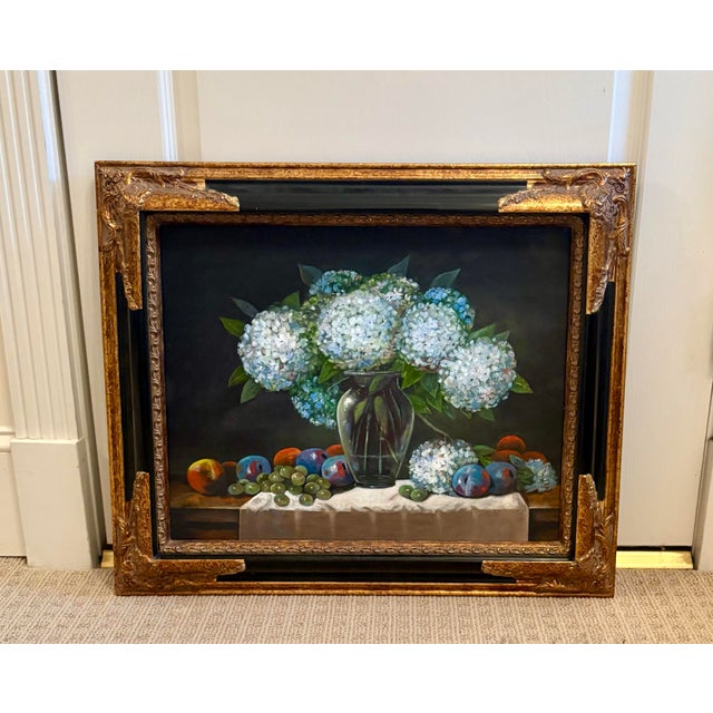 Blue Vintage Hydrangeas and Fruit Still Life Oil on Canvas For Sale - Image 8 of 10