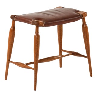 Stool in Mahogany, Brass and Leather attributed to Josef Frank, 1950s For Sale