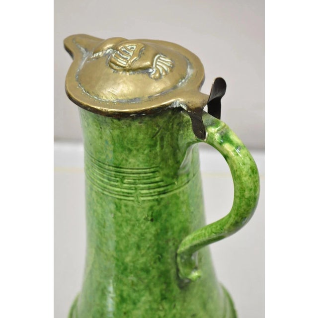 Antique Gothic Renaissance Green Ceramic Pitcher With Brass Soldier Armor Lid For Sale - Image 4 of 11