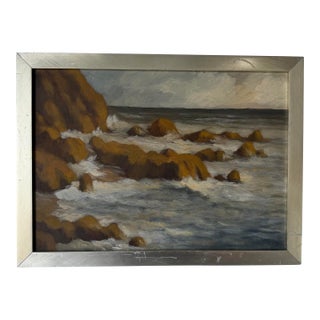 Modern Coastal Ocean Landscape Oil on Board Painting, Silver Wood Frame For Sale