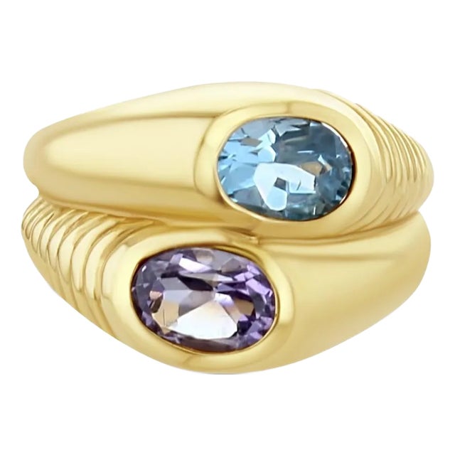 Amethyst & Blue Topaz Bypass Ring 14k Yellow Gold, Size 7 For Sale