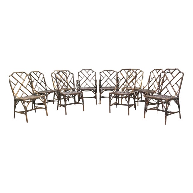 Vintage Chinese Chippendale Angraves Bamboo Plantation Chairs, 1930, Set of 10 For Sale