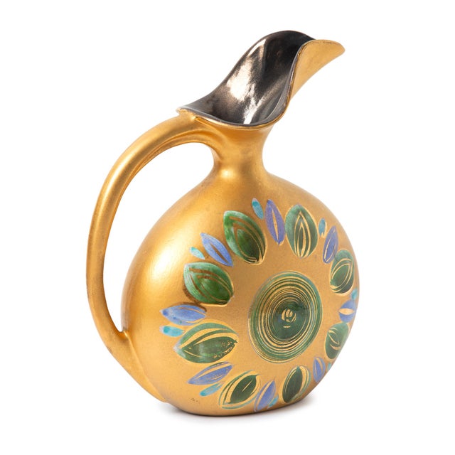 Beautiful hand painted ceramic pitcher from the "More Gold" collection by California Mid Century icon Sascha Brastoff....