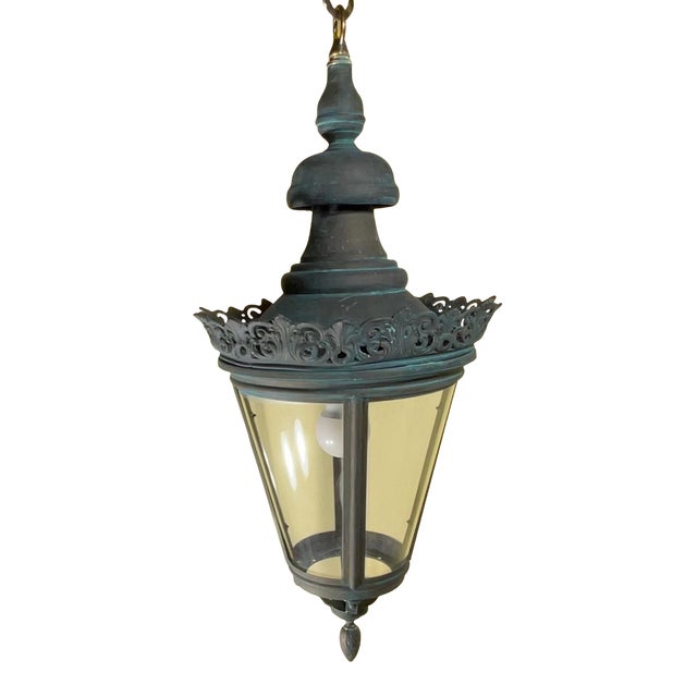 Captivating Antique Brass & Copper Hanging Lantern - 27”Hx 12”w For Sale