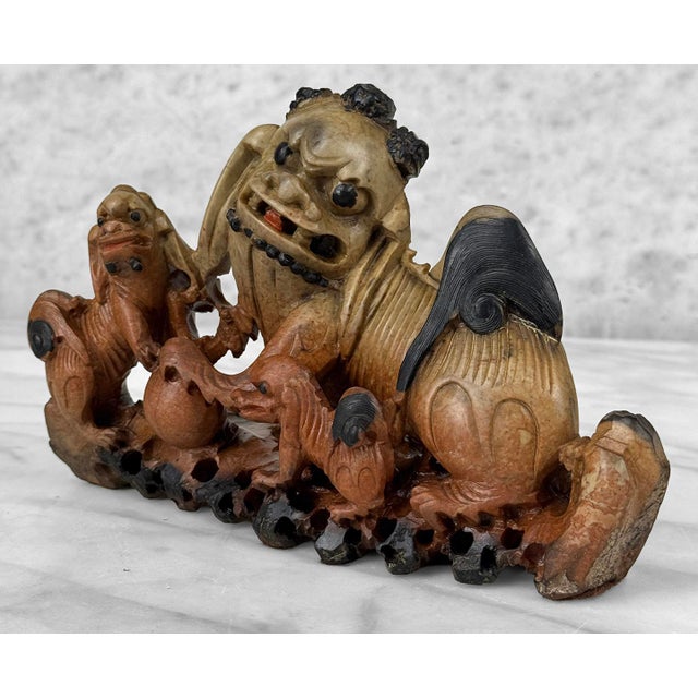 Chinese Antique 9" Traditional Chinese Soapstone Foo Dog & Cubs Sculpture For Sale - Image 3 of 10