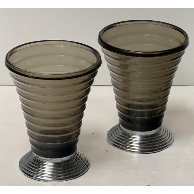 A fine pair of period Art Deco conical vases from France, featuring flared tops with horizontal, ribbed lines of smoked...