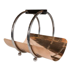 1930s Art Deco Fireplace Log Holder Chrome and Copper by Leslie Beaton for Revere