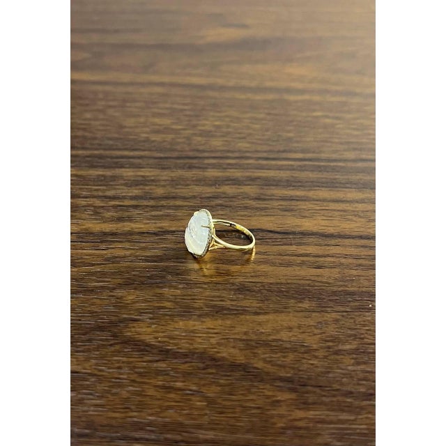 Contemporary White Moonstone Diamonds Halo Set 14 Yellow Gold Statement Unique Cocktail Ring, Size 6 For Sale - Image 3 of 11