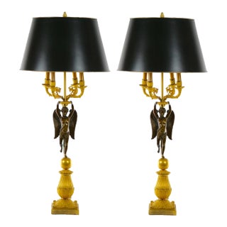 French Pair Empire Dore Bronze Winged Putti Candelabras For Sale