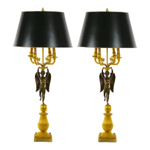French Pair Empire Dore Bronze Winged Putti Candelabras
