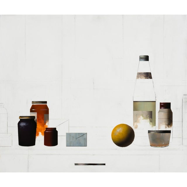 Origami by Matthew Saba | Oil on panel Still life of jars, a bottle, an envelope, and an orange For Sale